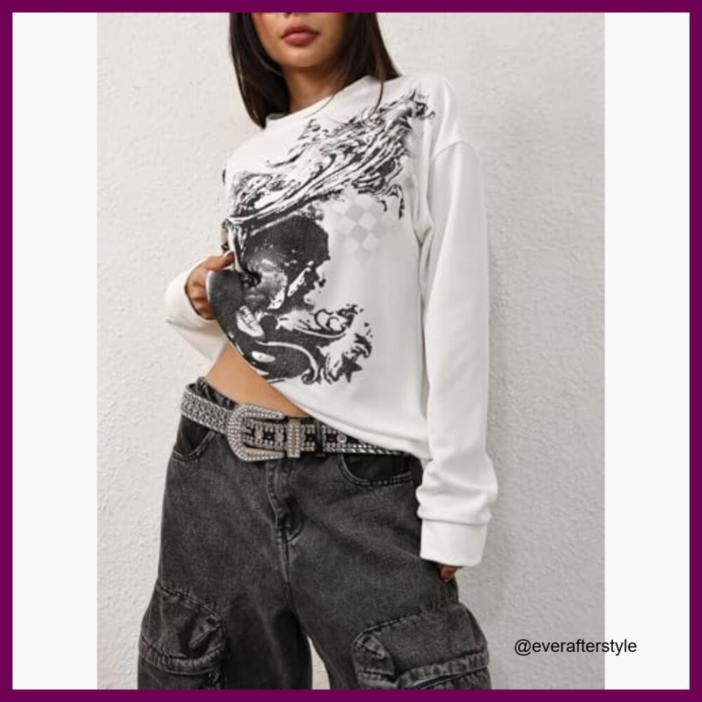 Polyester Elastane Long Sleeve Graphic Tee Y2K Gr… - image 4